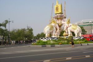 Elephants are Holy in Tahilnd and they Watch one of the Cross Sections at the Entrance of Wat Pho andthe Royal Palace in Bangkok | Thailand